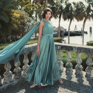 Mac Duggal 49716 Size 14 Blue Green High Neck Cape Pleated Long Gown Maxi Dress